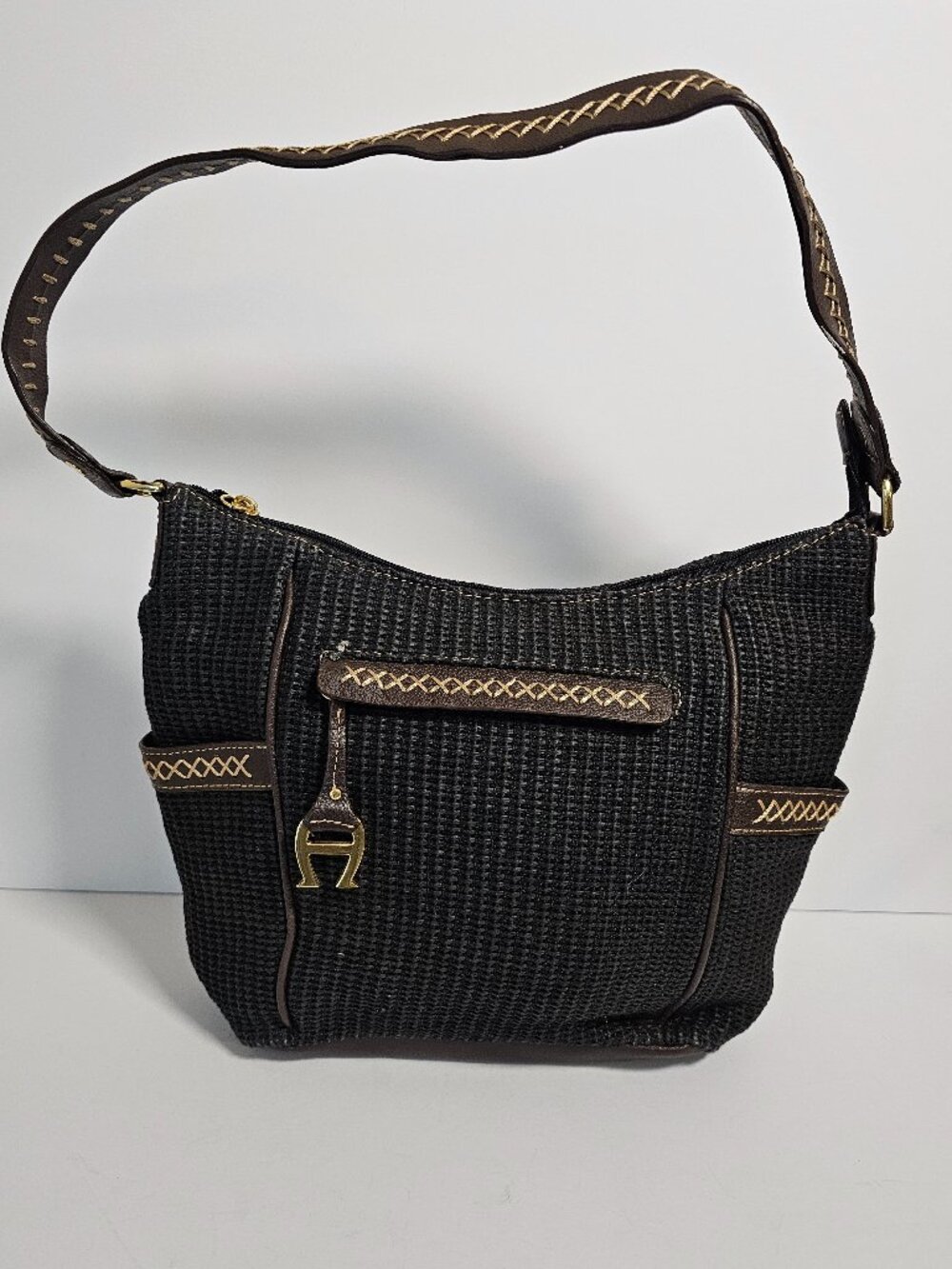 Aigner Bag Shoulder Black Woven Jute Casual Festival Boho